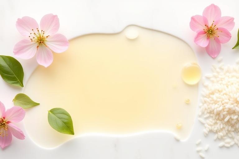 Delicate cherry blossoms and natural ingredients symbolizing purity and natural essence, arranged artfully.